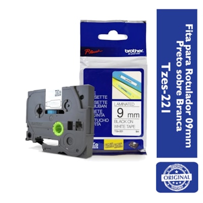 Fita Extra Forte p/ Rotulador Brother TZeS-221 Preto Sobre Branco 09mm
