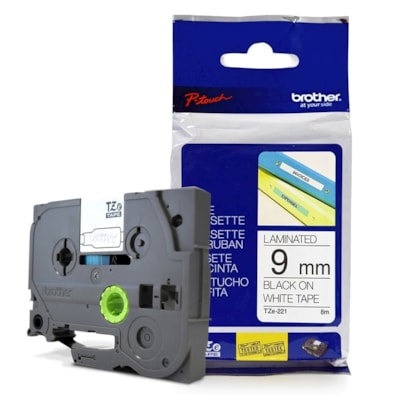 Fita Extra Forte p/ Rotulador Brother TZeS-221 Preto Sobre Branco 09mm
