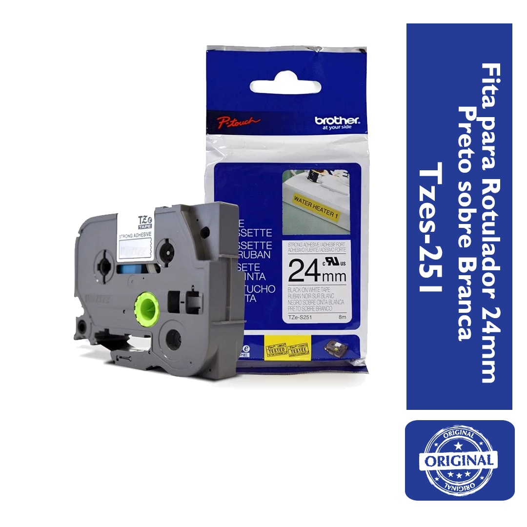 Fita Extra Forte p/ Rotulador Brother TZeS-251 Preto Sobre Branco