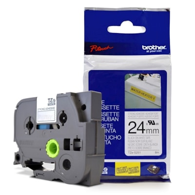 Fita Extra Forte p/ Rotulador Brother TZeS-251 Preto Sobre Branco 24mm