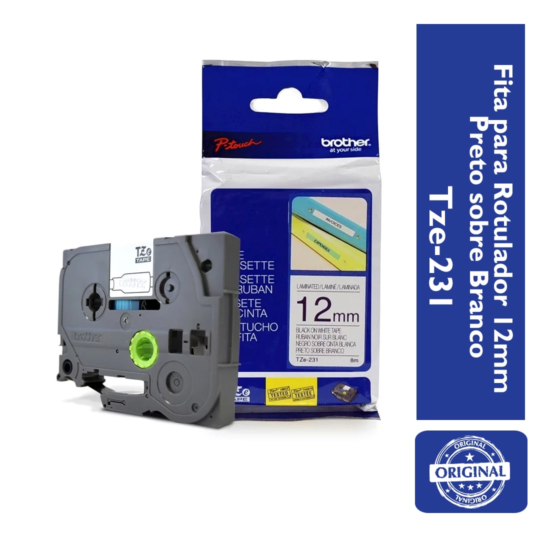 Fita Laminada p/ Rotulador Brother TZe-211 Preto Sobre Branca 06mm