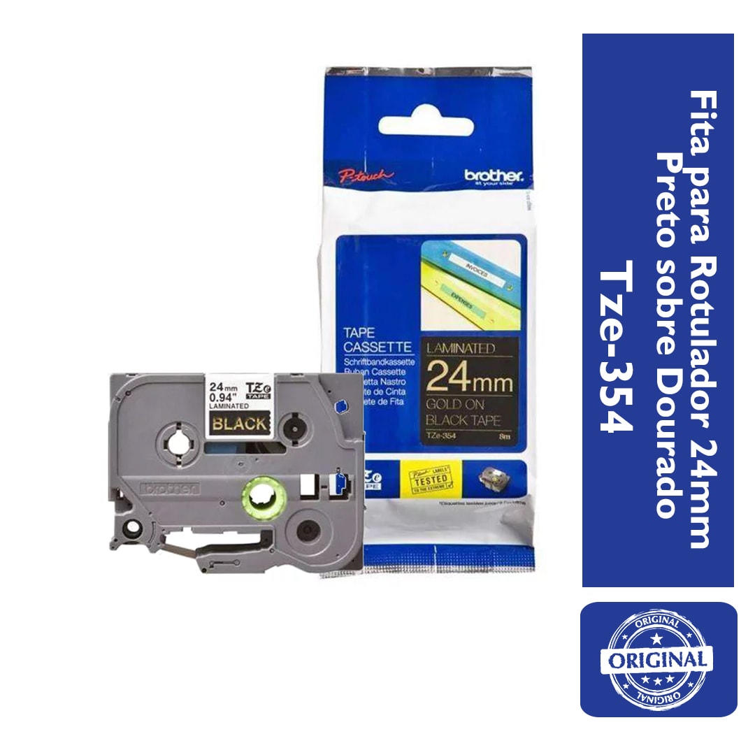 Fita Laminada p/ Rotulador Brother TZe-354 Preto Sobre Dourado