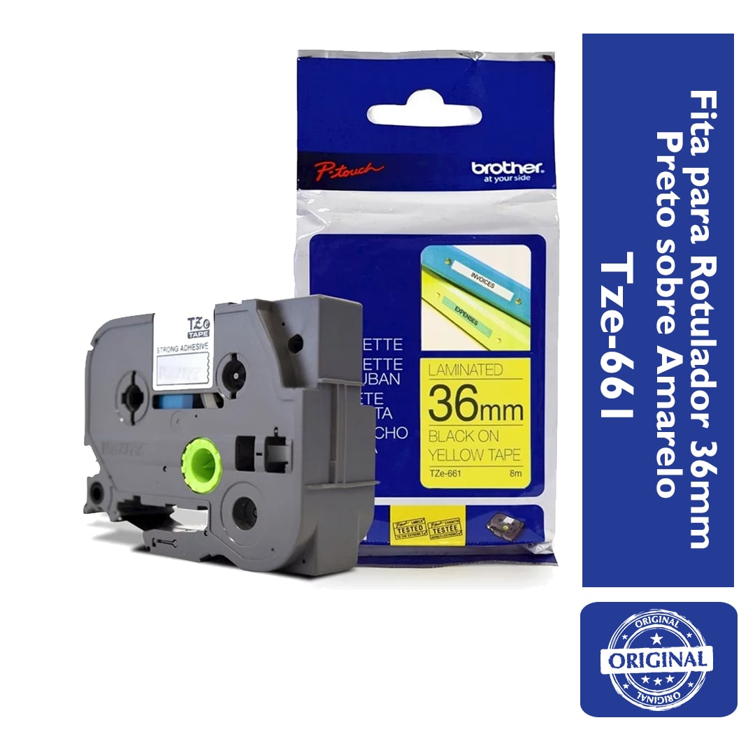 Fita Laminada p/ Rotulador Brother TZe-661 Preto Sobre Amarelo