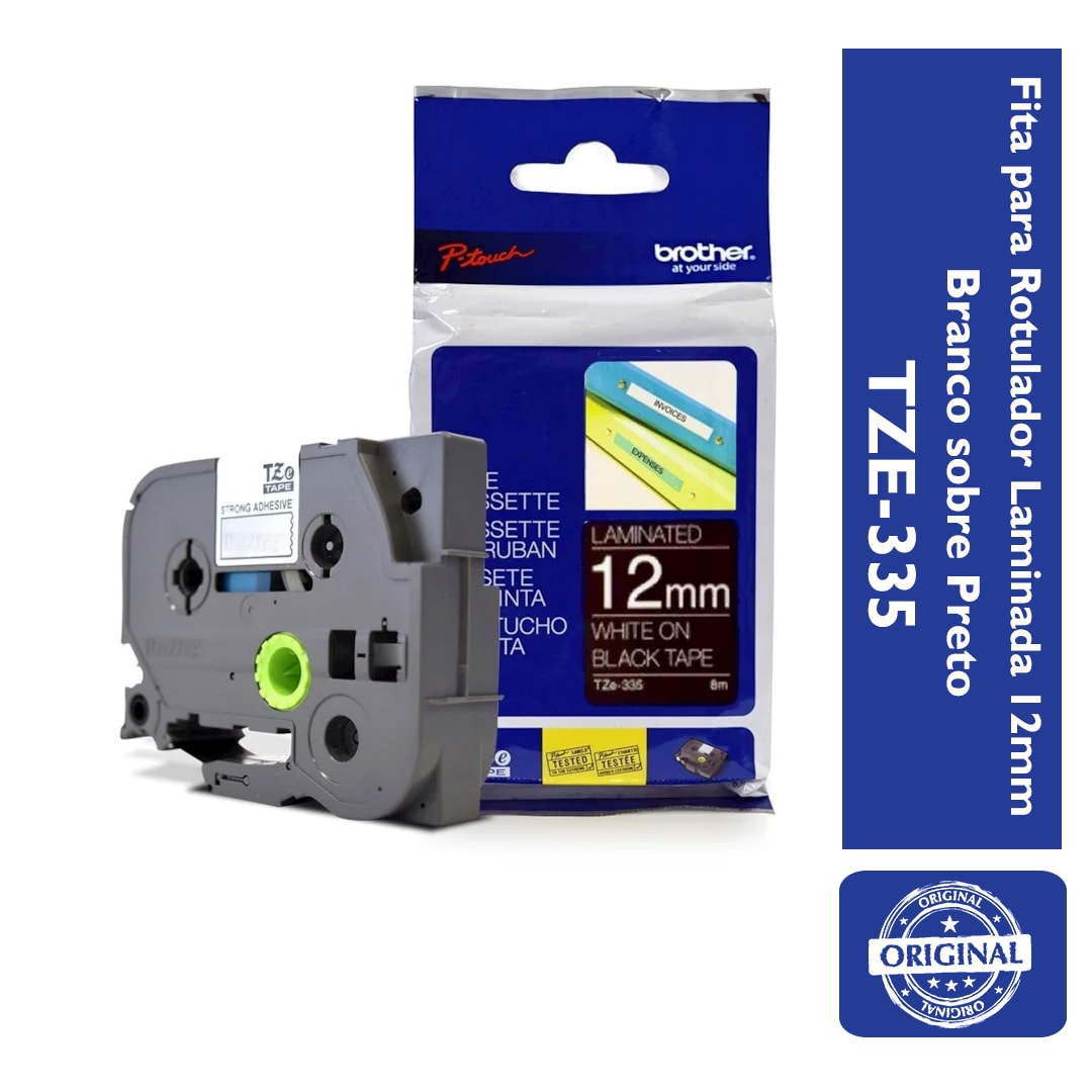 Fita para Rotulador Brother TZe-335 Branco Sobre Preto 12mm - Loja
