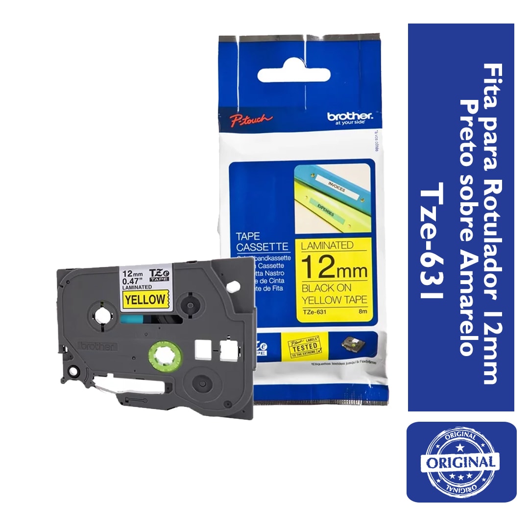 Fita para Rotulador Brother Tze-631 Preto sobre Amarelo Laminada