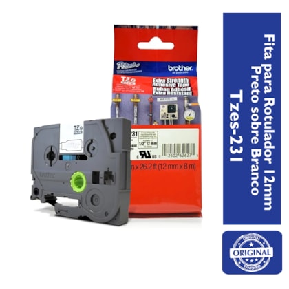 Fita para Rotulador Brother TZeS-231 Preto Sobre Branco 12mm